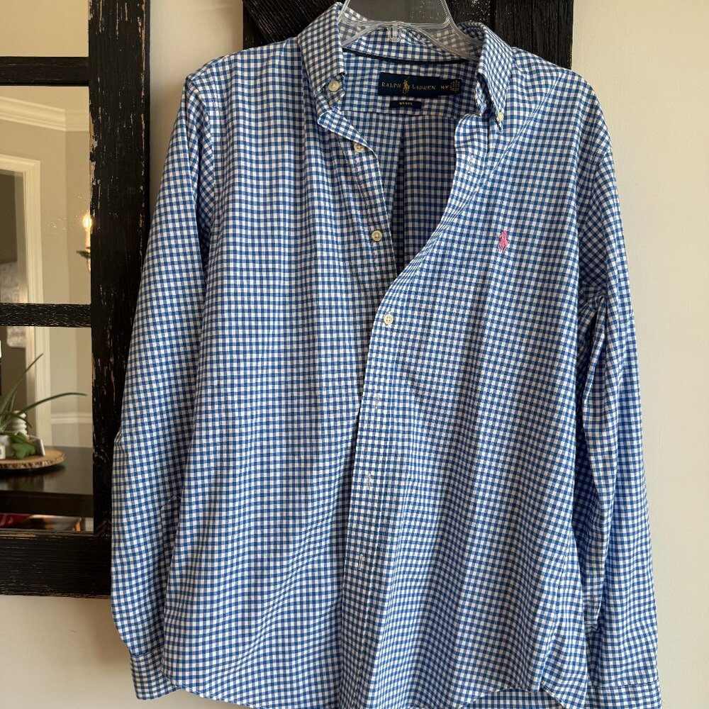 Men's Ralph Lauren Long Sleeve Button Down Dress Shirt, Size Medium, Blue/White